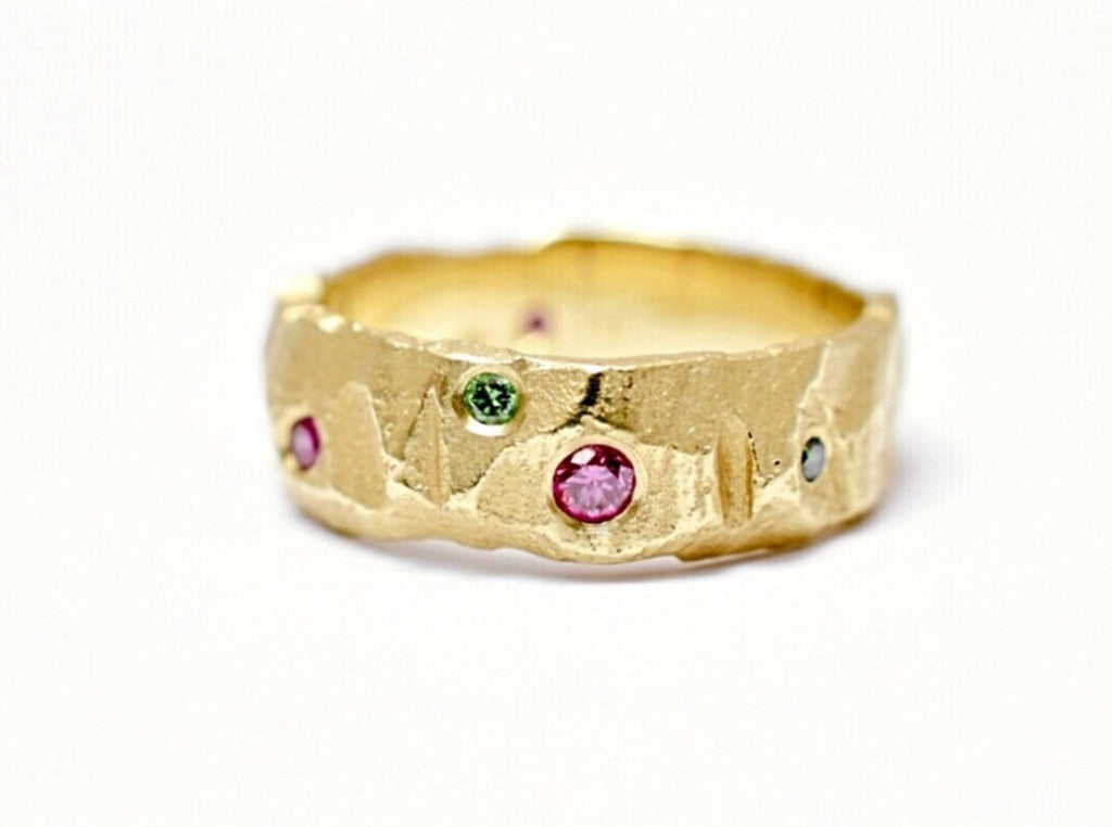 Original ROCK ring big with raspberry pink and forest green diamonds as seen in Nouveau!