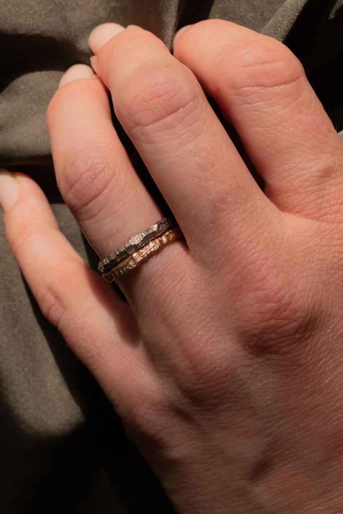organic rough ring stack - Rock Tiny rose gold - Saagæ wedding rings & engagement rings by Liesbeth Busman