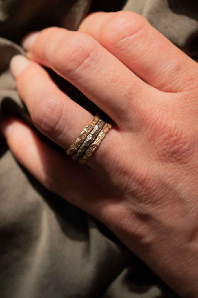 organic rough ring stack - Rock Tiny rose gold - Saagæ wedding rings & engagement rings by Liesbeth Busman